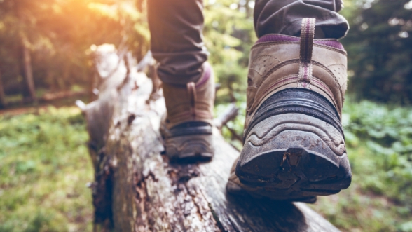 Person wearing hiking boots walking across log in forest