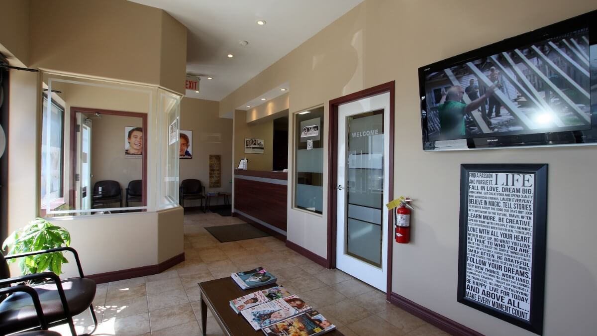 Reception area and front desk in dental office